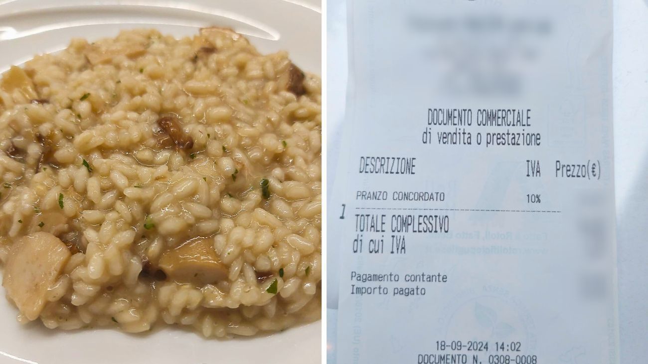 Cliente mostra lo scontrino del pranzo con tre primi piatti nel Veneto